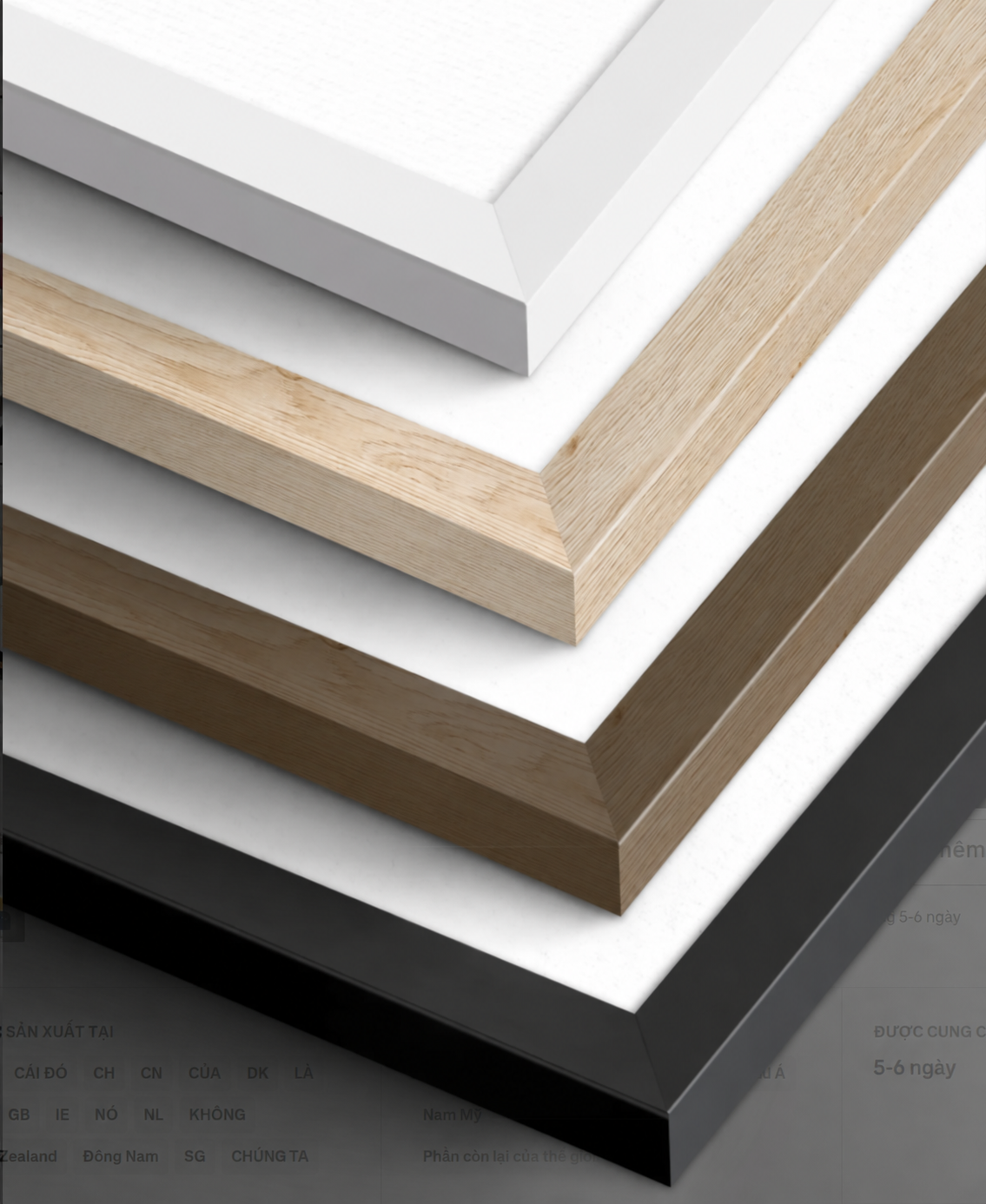 Close-up of white, natural wood, brown, and black frame options