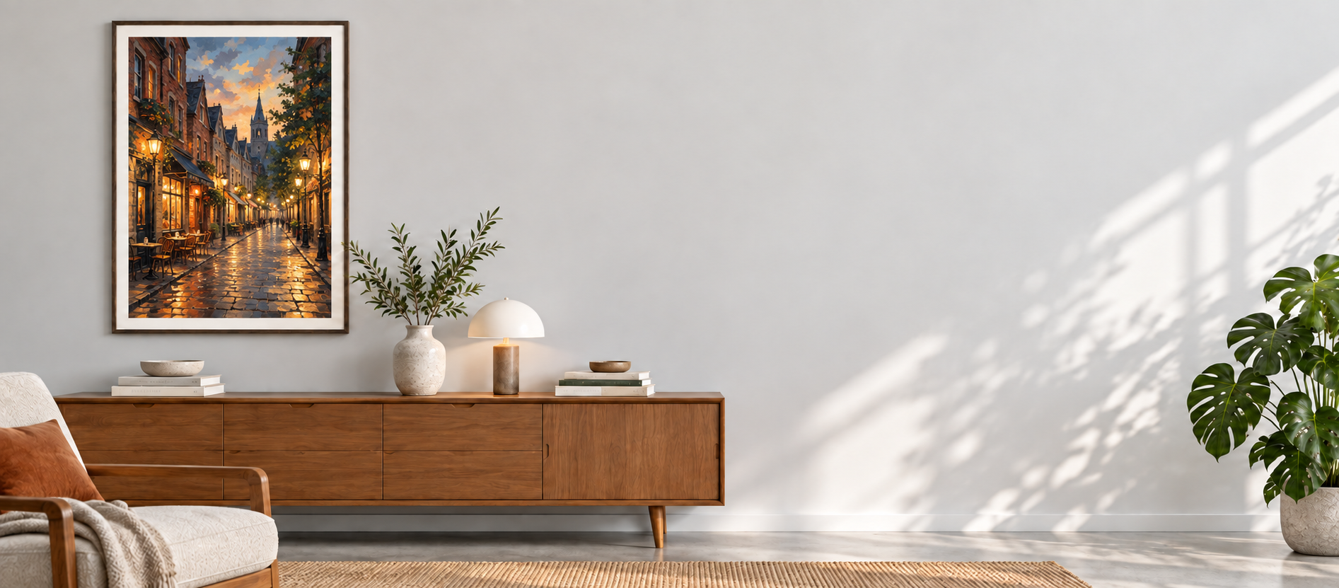 City and travel wall art styled above a wooden table with ceramics and greenery